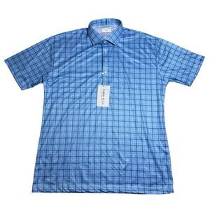 Collars & Co Semi Spread Collar Polo Size L Pienza Blue Windowpane Golf Dad